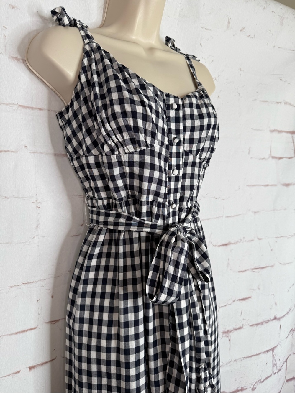 J CREW Gingham Black & White Button Front Size 8 Tie Strap Ruffle Hem Midi Dress - Picture 12 of 16